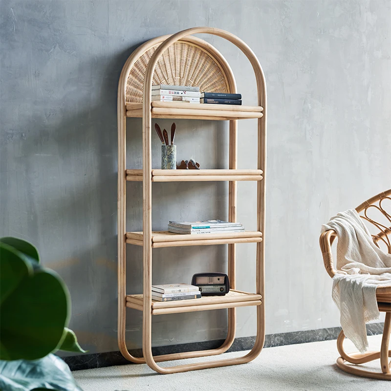 Nordic Handmade Rattan Bookshelf, Boho Arch Wicker Display Shelf, Natural Standing Storage Rack for European Home Decor Kuwait
