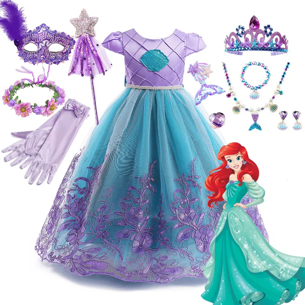 Cap Sleeve Princess Ball Gown Girls Disney Little Mermaid Cosplay Clothing Toddler Deluxe Floral Lace Dress Child Carnival Frock