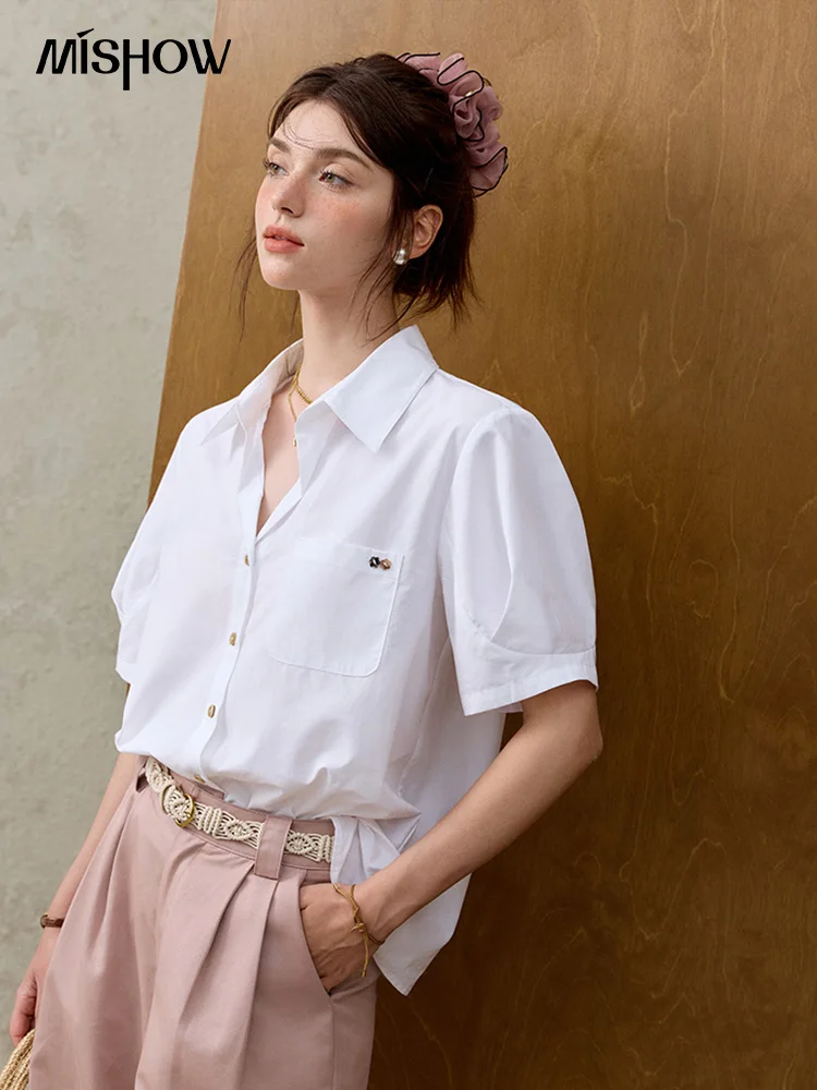 MISHOW New French Summer Shirts for Women New 2025 Short Sleeve Turn-down Collar Solid Slimming Blouses Lady Gentle MXE33C0778