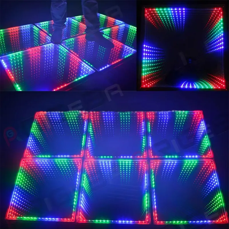 3D Mirror Infinity Dance Floor Reflective Glass Panels LED Light Effect Modular Portable Stage Party Event Wedding