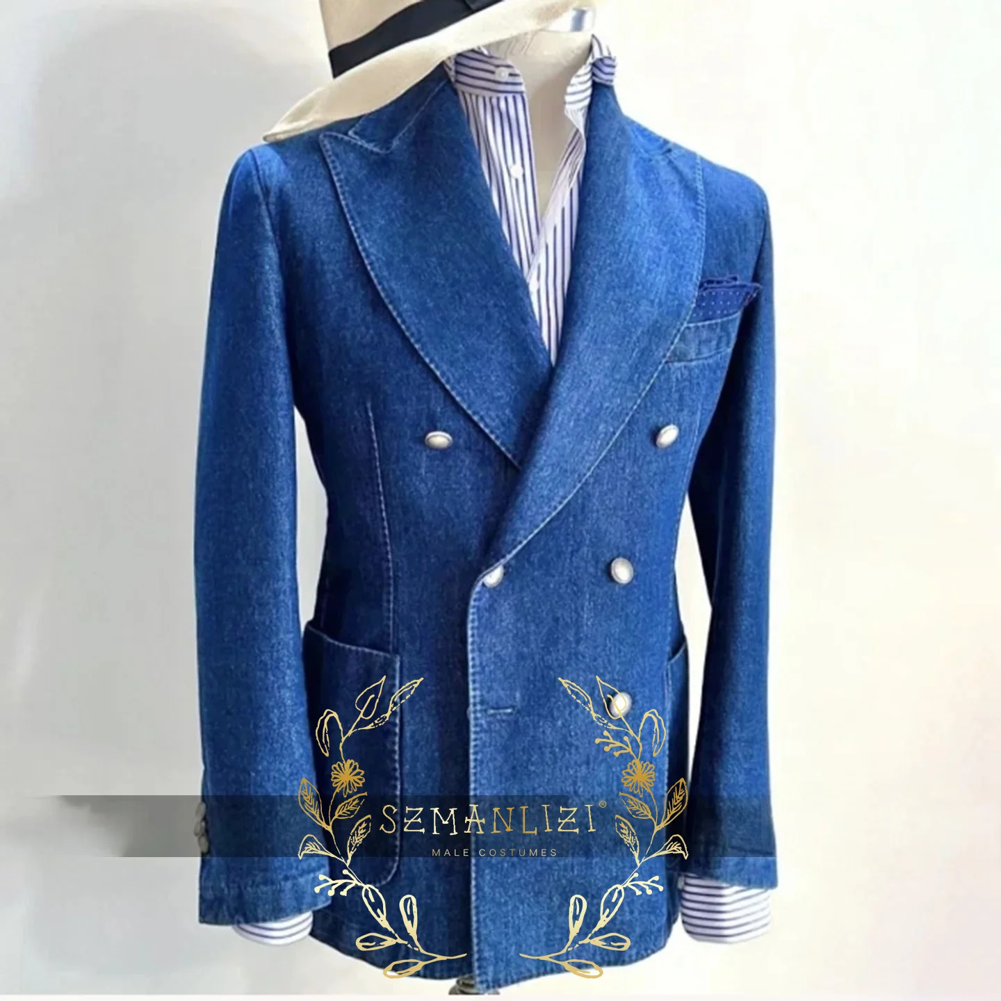 

Denim Men Suits Blazer 1 Piece Slim Fit Double Breasted Male Clothing High Quality Prom Party Only Jacket Wedding Customized