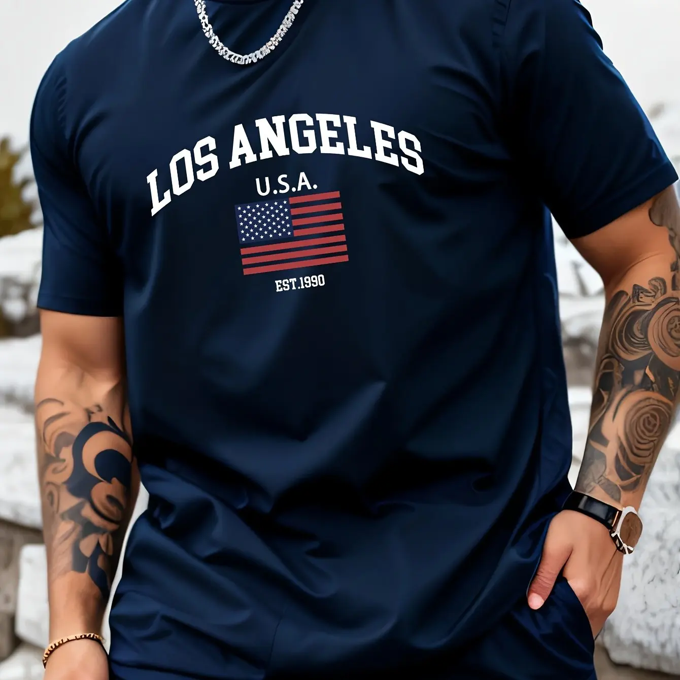 

Men's Basic Daily Casual Loose Los Angeles Letter American Flag Pattern Printed Round Neck Short Sleeve T-shirt Top