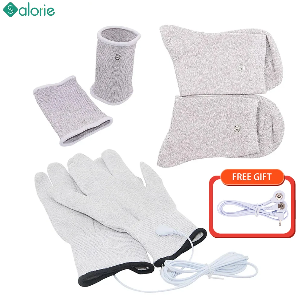 1 Set Conductive Silver Fiber TENS / EMS Electrode Treatment Gloves + Socks + Knee Pads + Cable for Meridian Acupressure Device