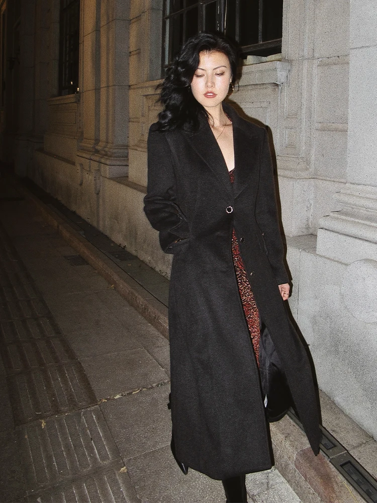 

Itsnikar Hepburn Sle Woolen Coat Long Sve Slim Fit Streetwear Pure Color Polyurethane Elastic Fiber ket Design