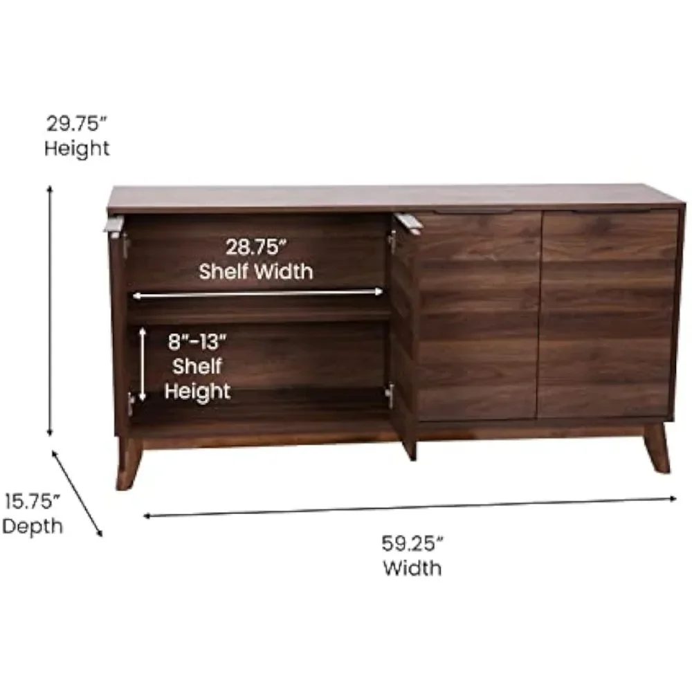 Mid-Century Sideboard - 60 Inches - Soft Close Doors Dark Walnut, Storage Buffet