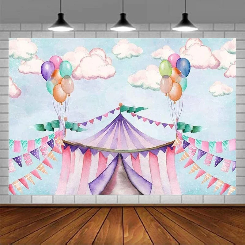 Carnival Circus Photography Backdrop Big Top Clouds Girl Birthday Party Banner Pastel Purple Pink Balloons Fun Fair Background