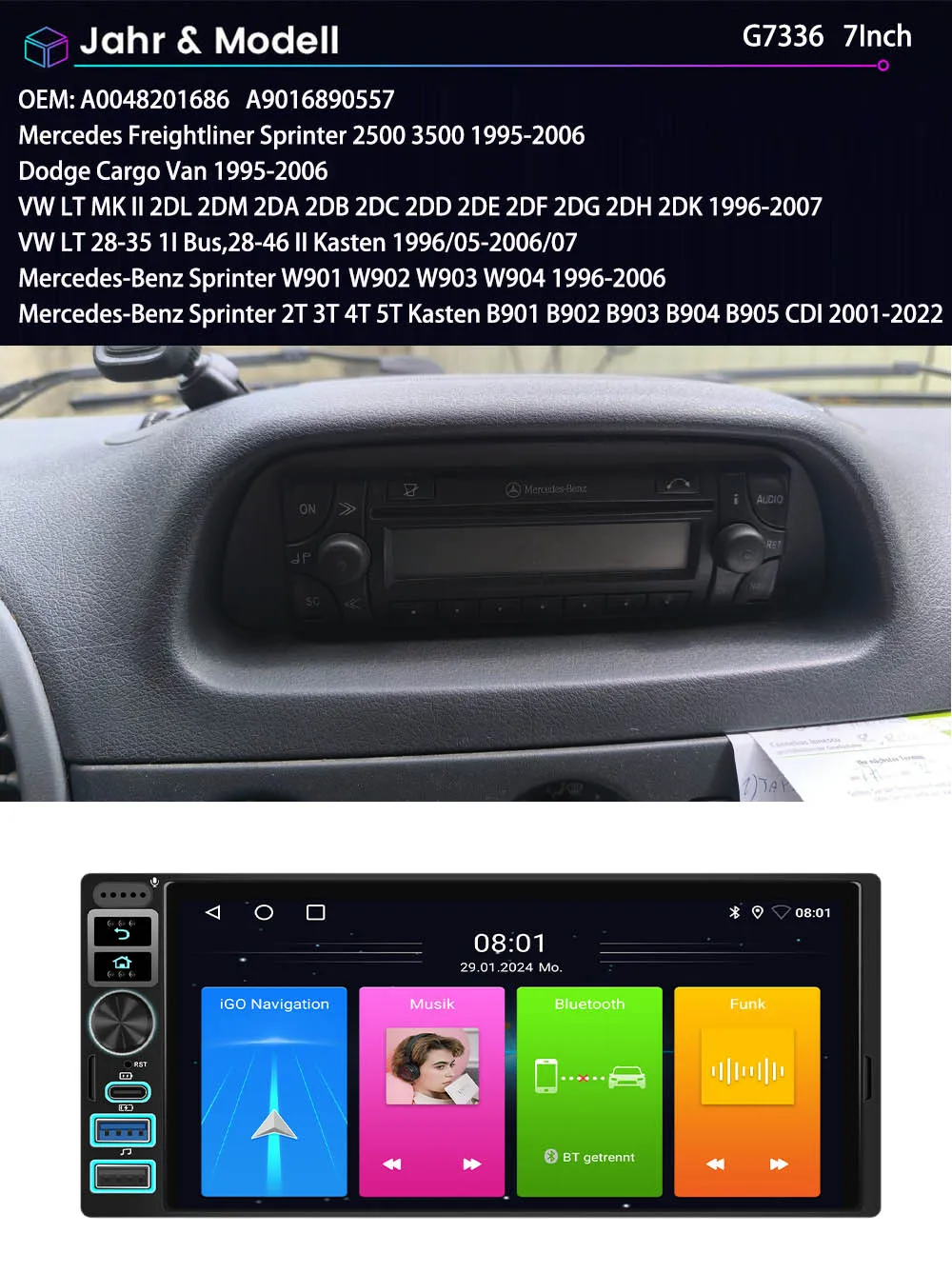 Android Car radio Carpaly GPS Navigation HD Reverse camera For Mercedes Benz Freightliner Sprinter 2500 3500 W901 W902 W903 W904