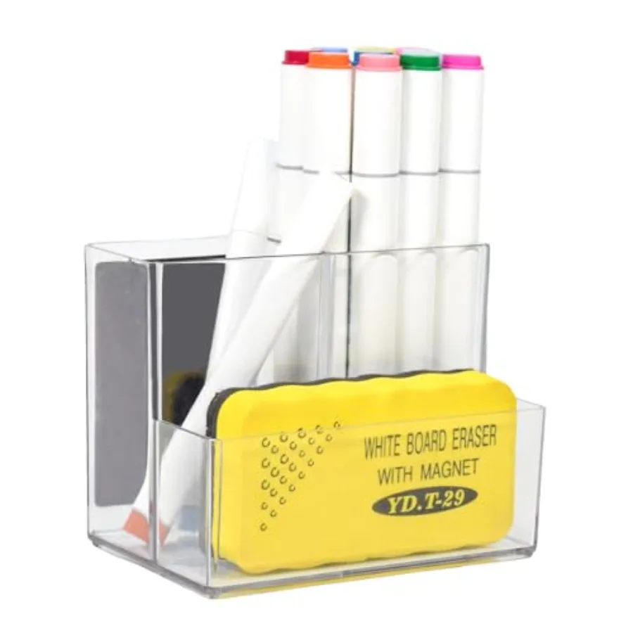 

Acrylic Pen Holder Magnetic Dry Erase Marker Holder with 2 Magnet Sheets 3 Compartments Clear Desk Makeup Brush Organizer Penci