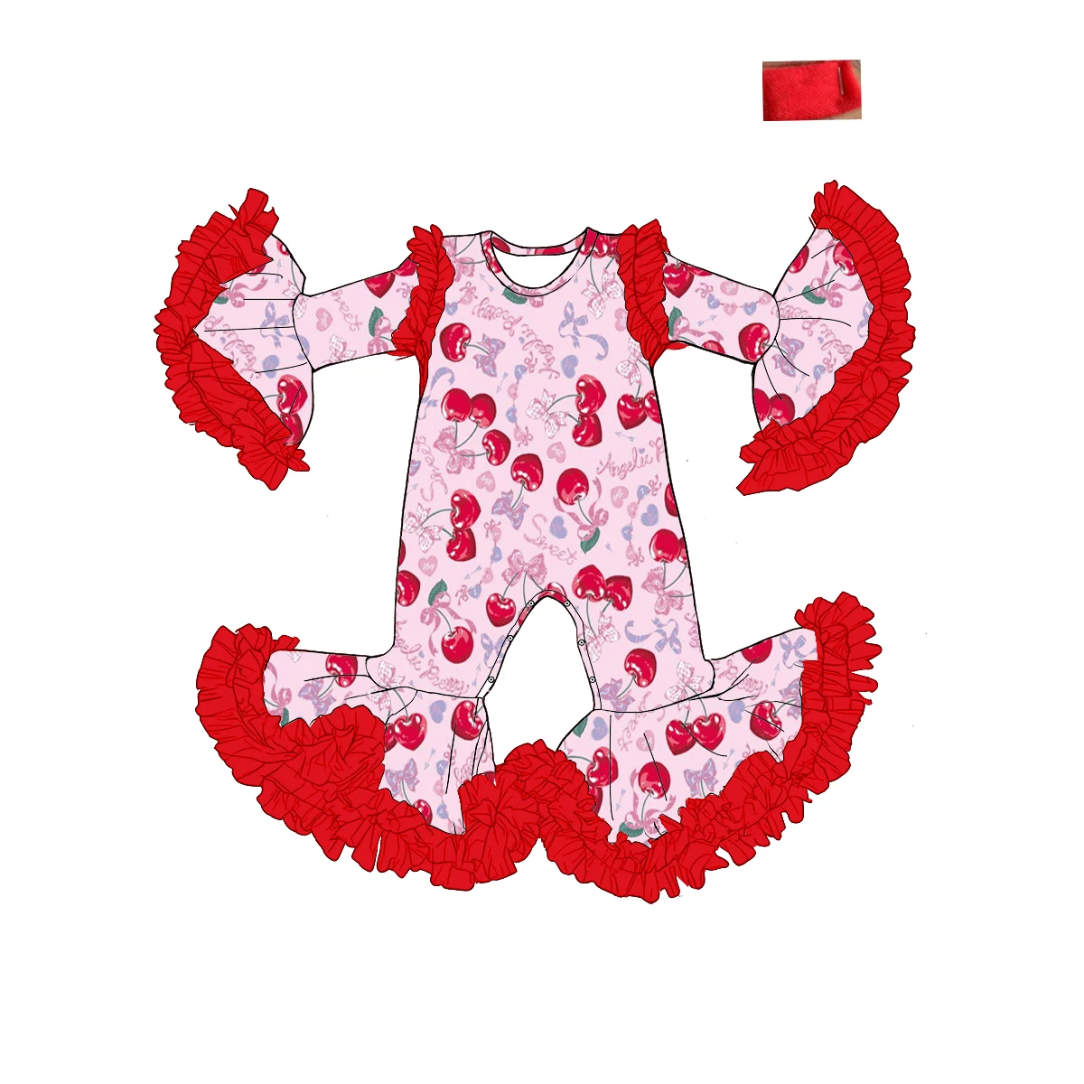 

Winter Toddler baby girl bodysuit fashion lace custom mesh romper Valentine's Day Cherry Print Jumpsuit