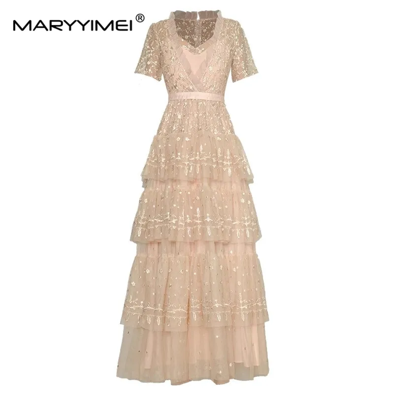 

MARYYIMEI Fashion Summer Women dress V-neck Short sleeved Mesh Gold thread embroidery Tiered ruffles Elegant Party Cake Dresses