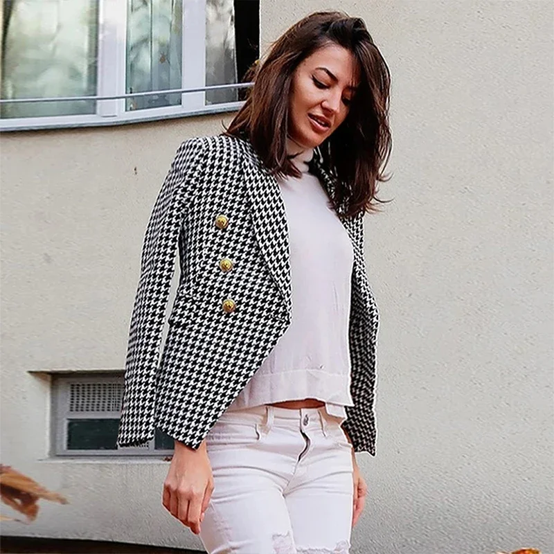 Women's Blazer Double-breasted Coat Solid Color Multi Buttons Office Wear  Slim Autumn Long Sleeve Elegant Short Coat
