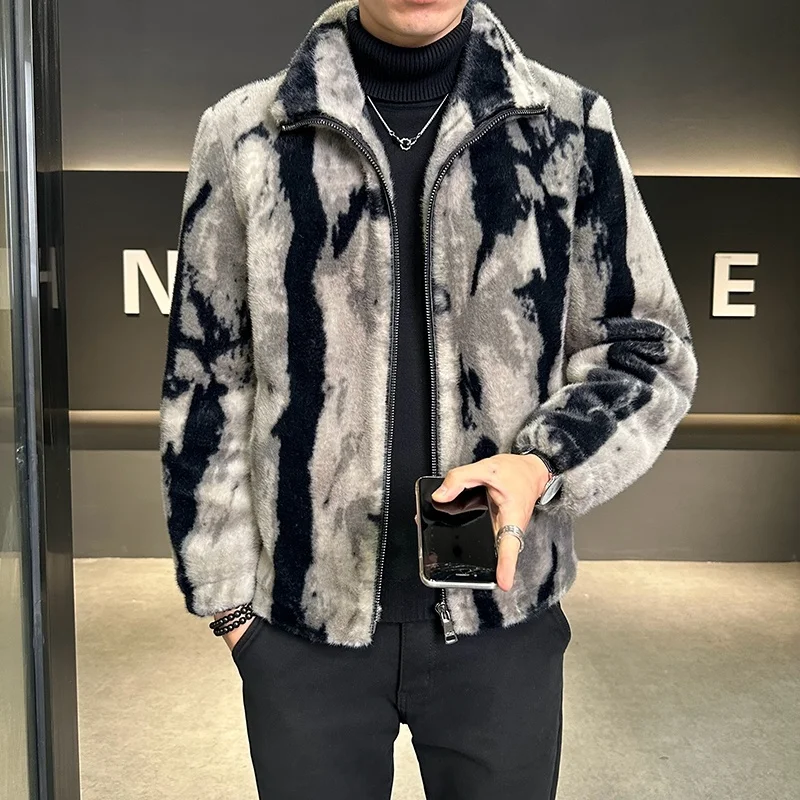 Autumn Winter New Sle Gold Mink Velvet Stand Collar Leather Jaet Faux Fur Inteated Thi Tweed Jaet Coat for Men