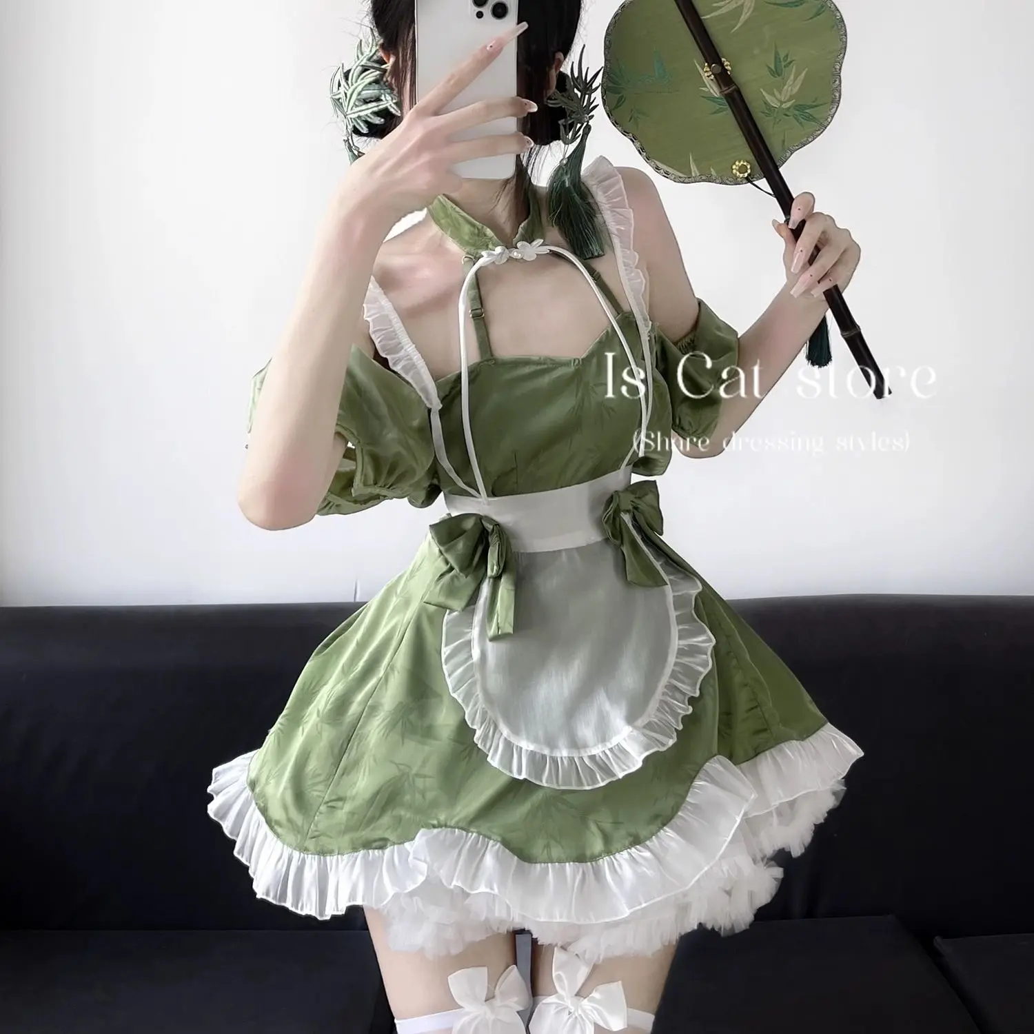 Japan Lolita Green Mini Dress Valentine Sexy Tank Sweet Top Buckle Standing Collar Maid Short Uniform Dress Elegant Hot Sexy