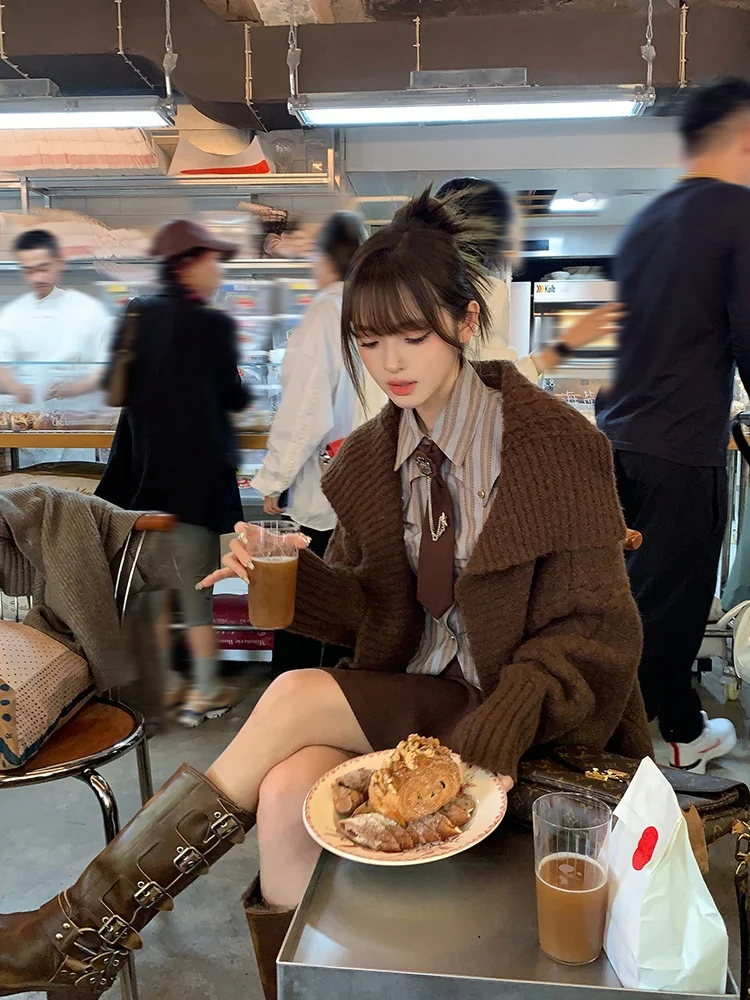 

Комплект Acaine High School Sle Faion: винтажная полосатая рубашка в стиле преппи и плиссированная юбка с высокой талией из хлопка, весна 2024, женский ансамбль