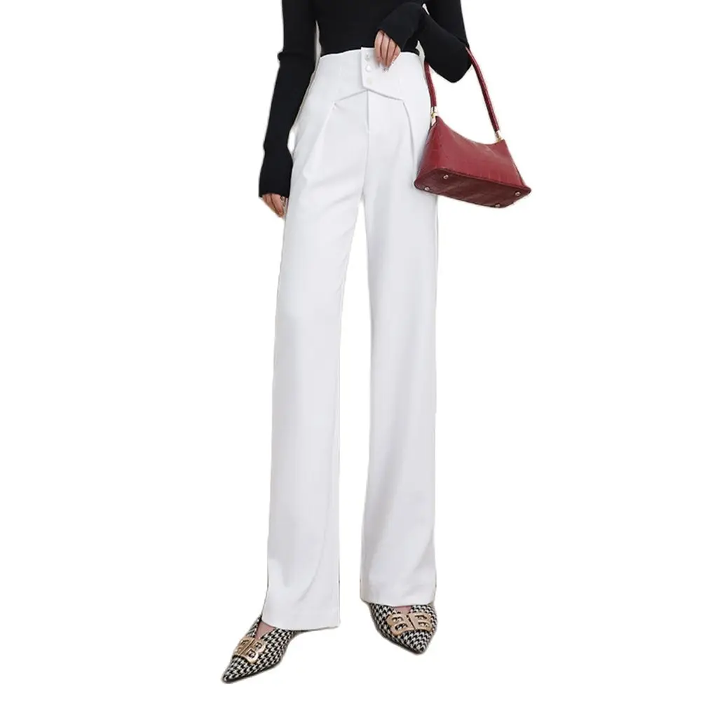 

Women Fashion White Wide-leg Pants High Waist Straight Zipper Long Trousers For Office Lady Working Panty S 3XL