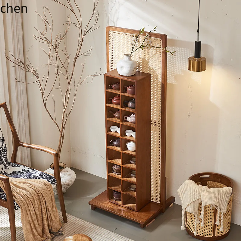 YFY Tea Room Rattan Woven Solid Wood Multi-Functional Cabinet Screen Partition Display Rack Rattan Woven Storage Cabinet