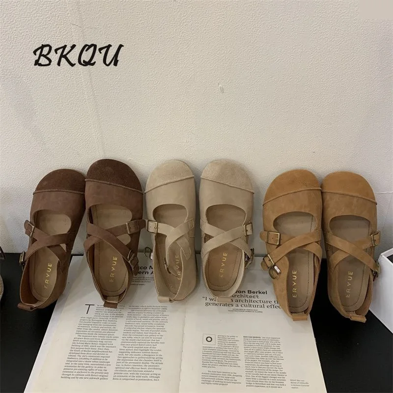 

BKQU 2024 New Trend Women's Suede Retro Art Cross Mule Shoes Flat Japanese Mary Jane Shoes Casual and Comfortable