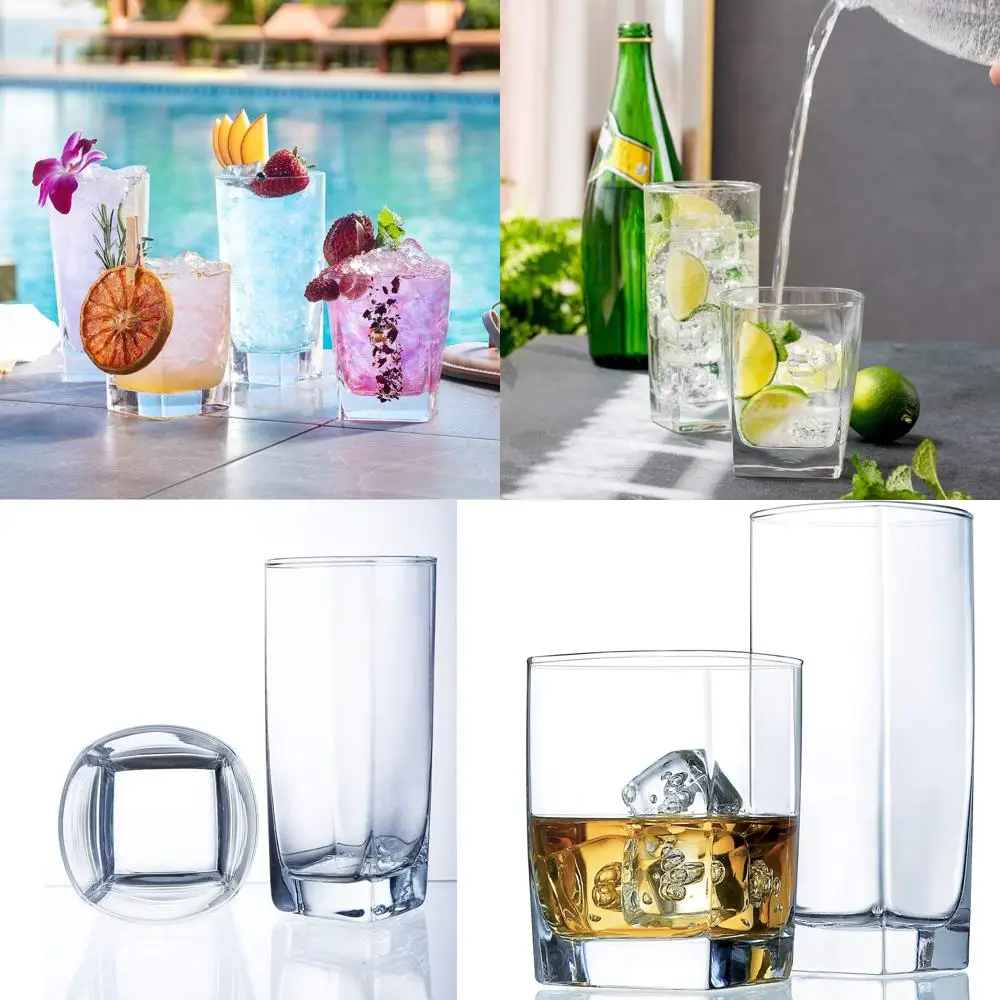 

Set of 16 Collins Glassware: 8 Highball & 8 Old Fashioned Tumblers for Beverages & Cocktails