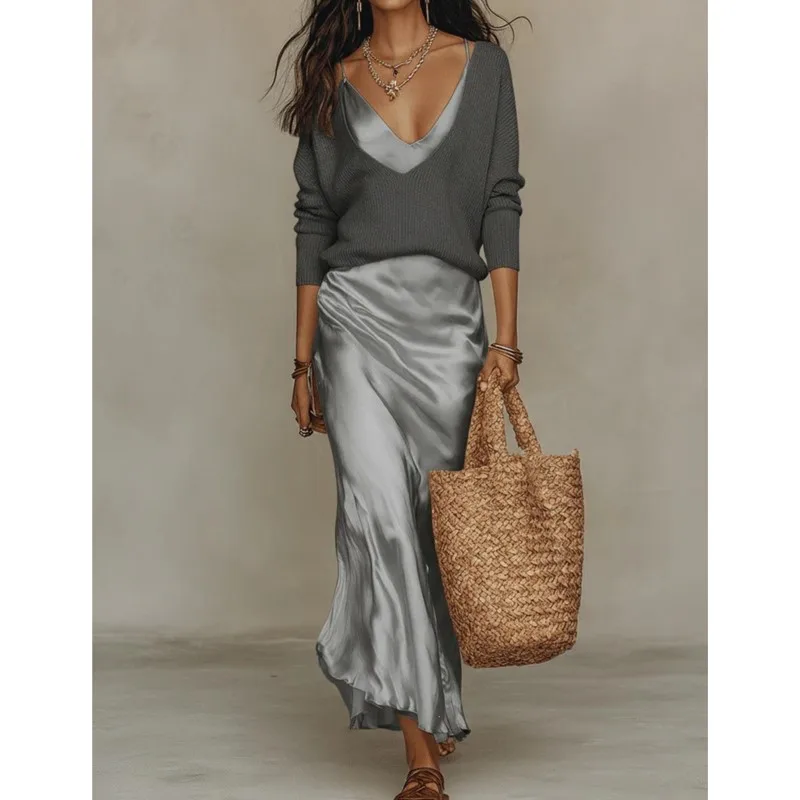 

Elegant Women Maxi Dress 2 Pieces Sets 2026 Satin Sleeveless V Neck Sexy Straps Dress+Long Sleeve Sweater Knit Tops Evening Gown