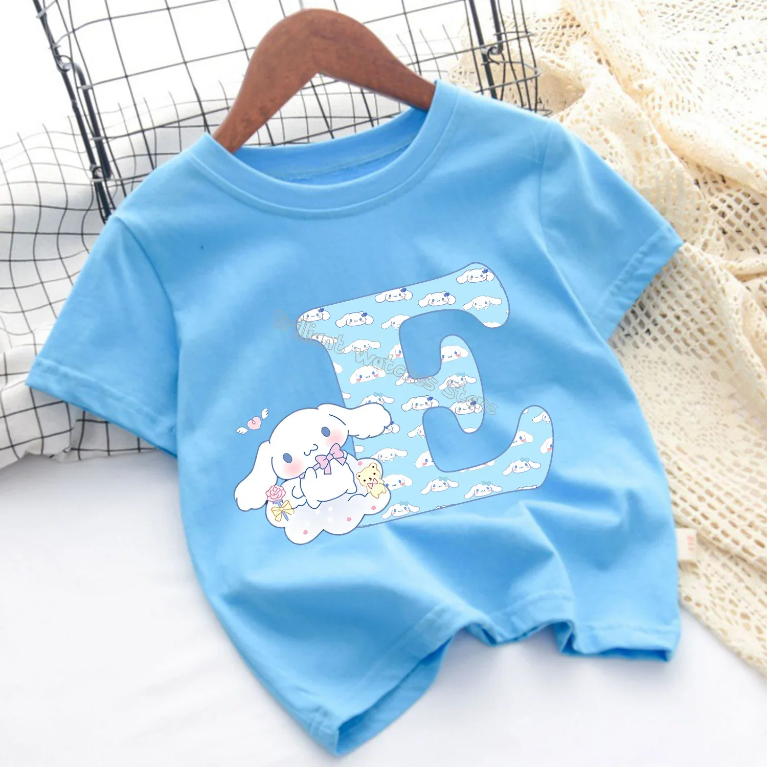 Cinnamoroll 26 Letters T-shirt Children Sanrio Cartoon T-shirt Fashion Blue Short Sleeve Cute Anime Loose Clothing Kids Tee Gift