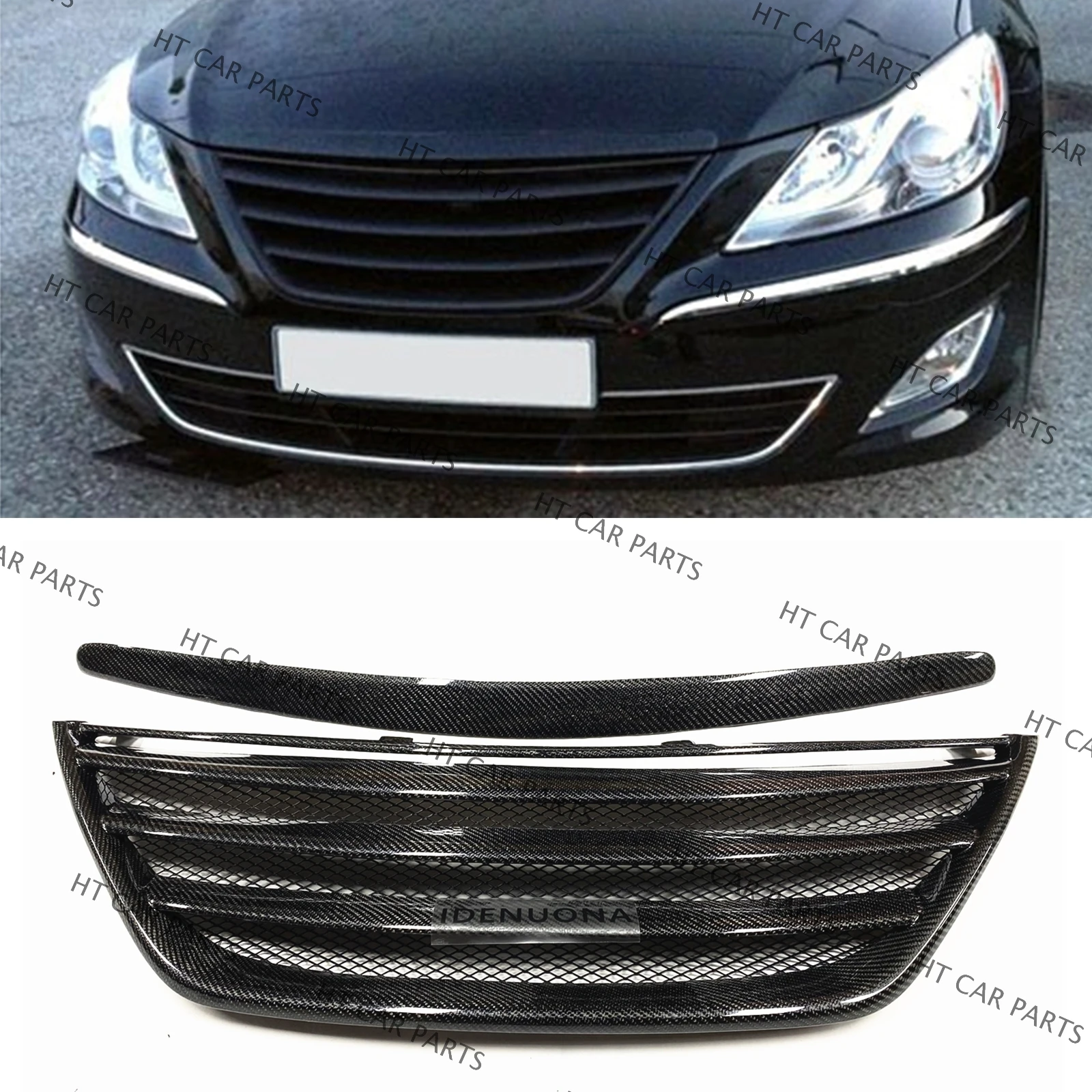 For Hyundai Genesis 2009-2014 Sedan Sport 1 Piece Black Carbon Fiber Front Bumper Grille Grill Mesh 1 Piece Bracket