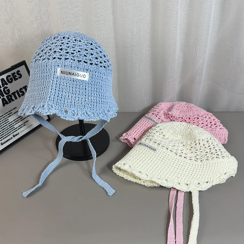 Korean Sle Summer Knitted Buet Hat Women's Breathable Sweet Sun Protection Fiing Cap Letter Tie up Casual Streetwear