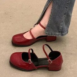 2024 summer spring Women Double Buckle Mary Janes Shoes Patent Leather Dress Shoes High Heels Pumps Retro Ladies Shoe Black Red