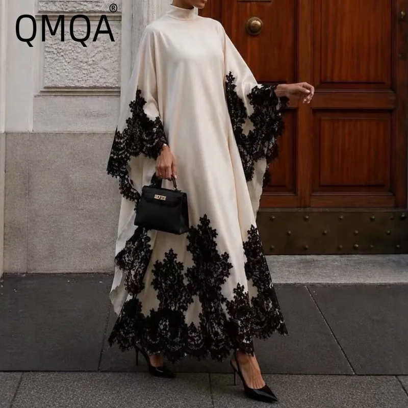 QMQA Fashion Women's Elegant Loose Dresses Half-high Collar Lace Patchwork Batwing Sleeve Long Dresses 2027 Female New QM1423