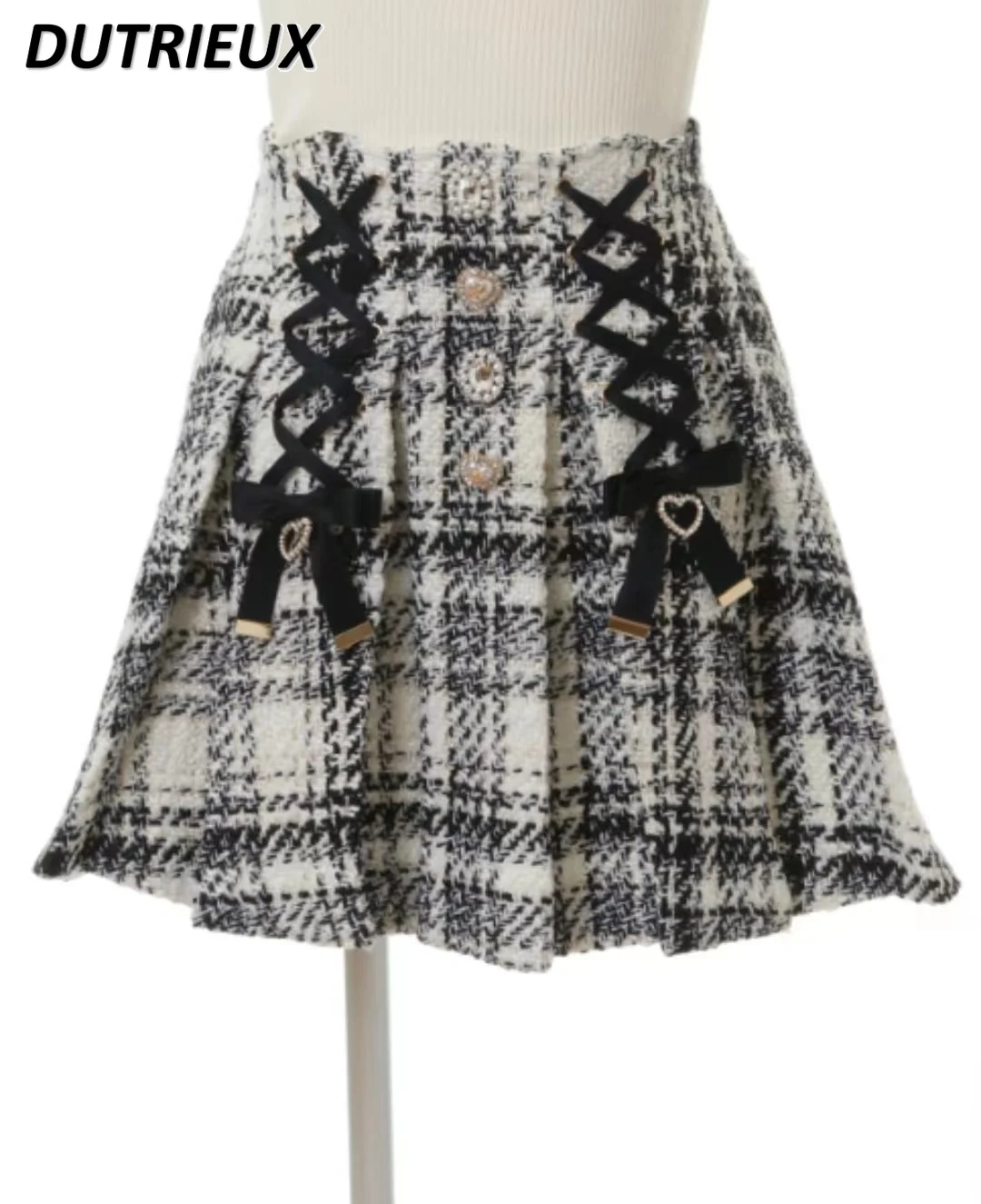 

Japanese Autumn Winter Mine Series Mass-produced Ribbon Woolen Plaid Plaid Skirt Sweet Girl Button Decorative Bow Short Skirts