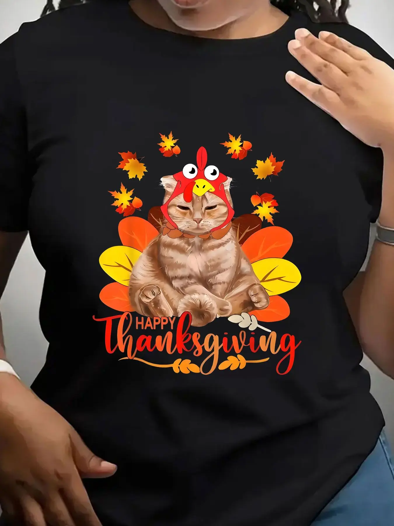 Women's Trendy Crew Neck T-Shirt Cat Wearing Turkey Hat Design Suitable for Casual Sportswear