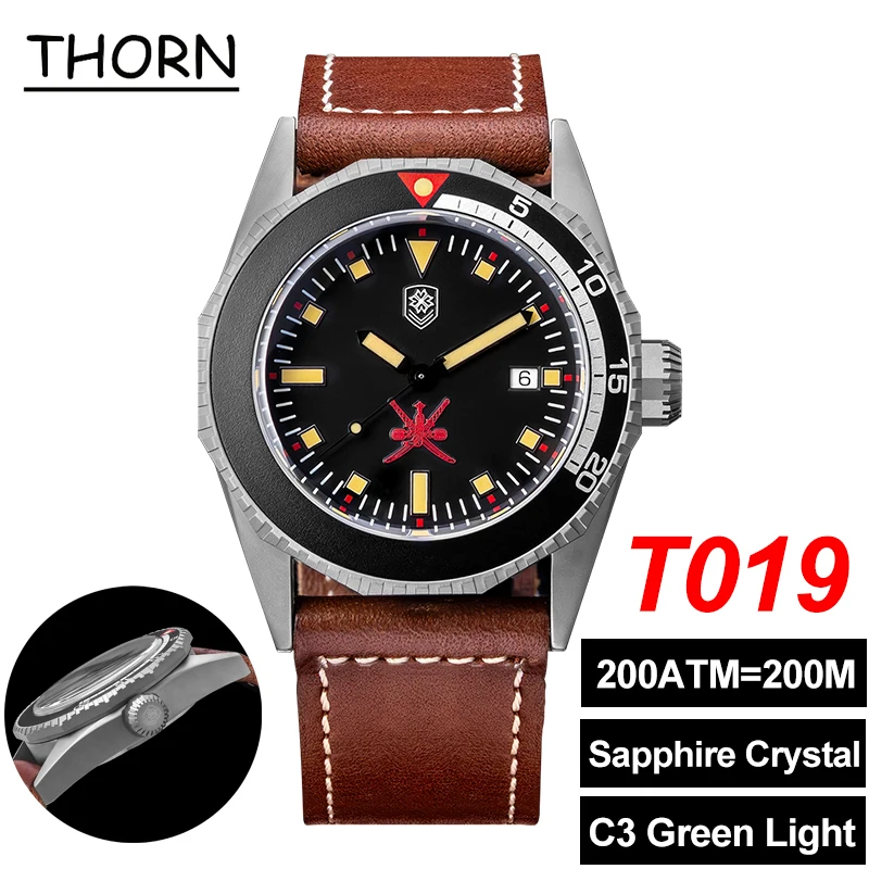 Thorn T019 Мужские титановые часы PT5000 с автоматическим механизмом Винтажные часы с сапфировым стеклом Светящиеся 200 м Водонепроницаемые часы для дайвинга