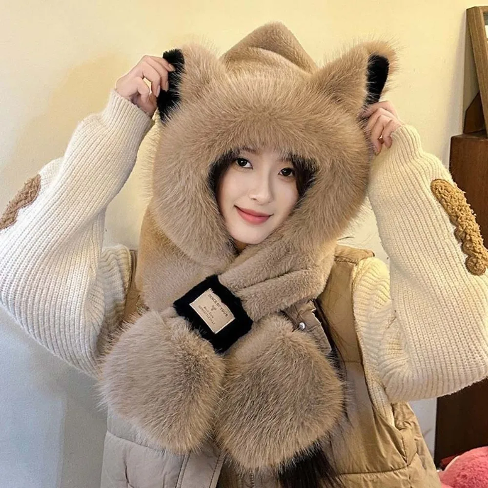 Cute Cartoon Winter Plush Hat 2 IN 1 Anti-cold Animal Ear Scarf Hat Warmer Windproof Ear Protection Cap Cycling