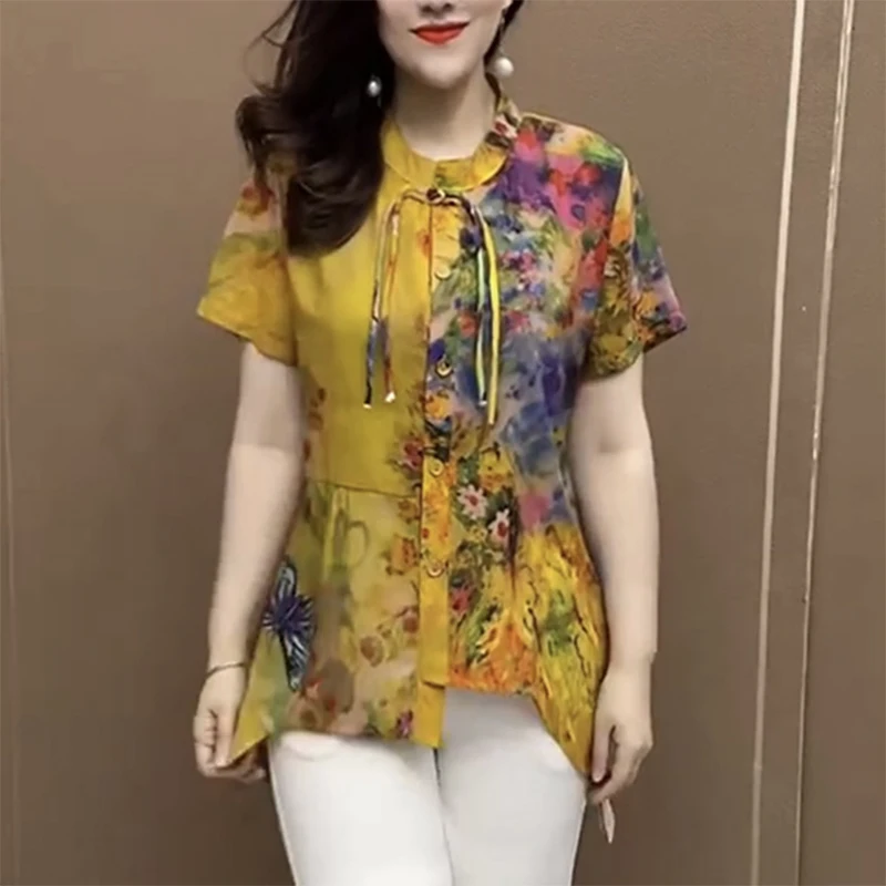 summer new Chinese style vintage irregular printing shirt ladies short sleeve temperament patchwork pullover top women oversized