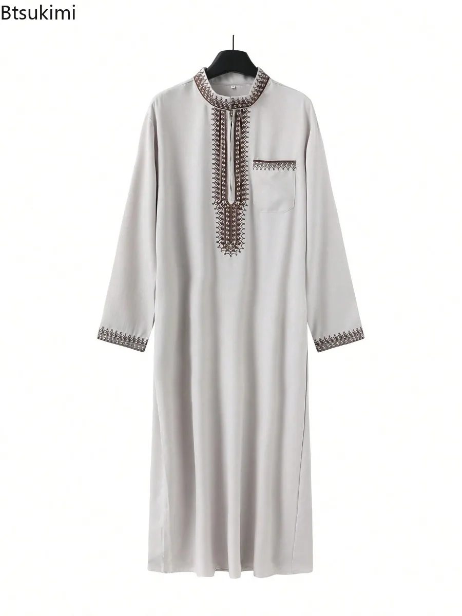 Roupão Masculino Tradicional com Padrão Étnico e Bordado, Gola Alta com Zíper, Jubba Thobe de Manga Longa para Homens Muçulmanos
