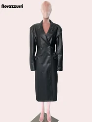 Nerazzurri Herbst lange coole schwarze harte Pu Leder Trenchcoat für Frauen Schulter polster zweireihige stilvolle Luxus kleidung