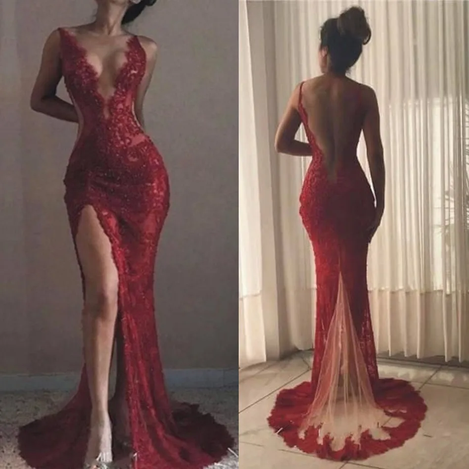 Applique Sexy V Neck Prom Dresses Open Back Evening Gowns robe de soiree High Slit Evening Dress Burgundy