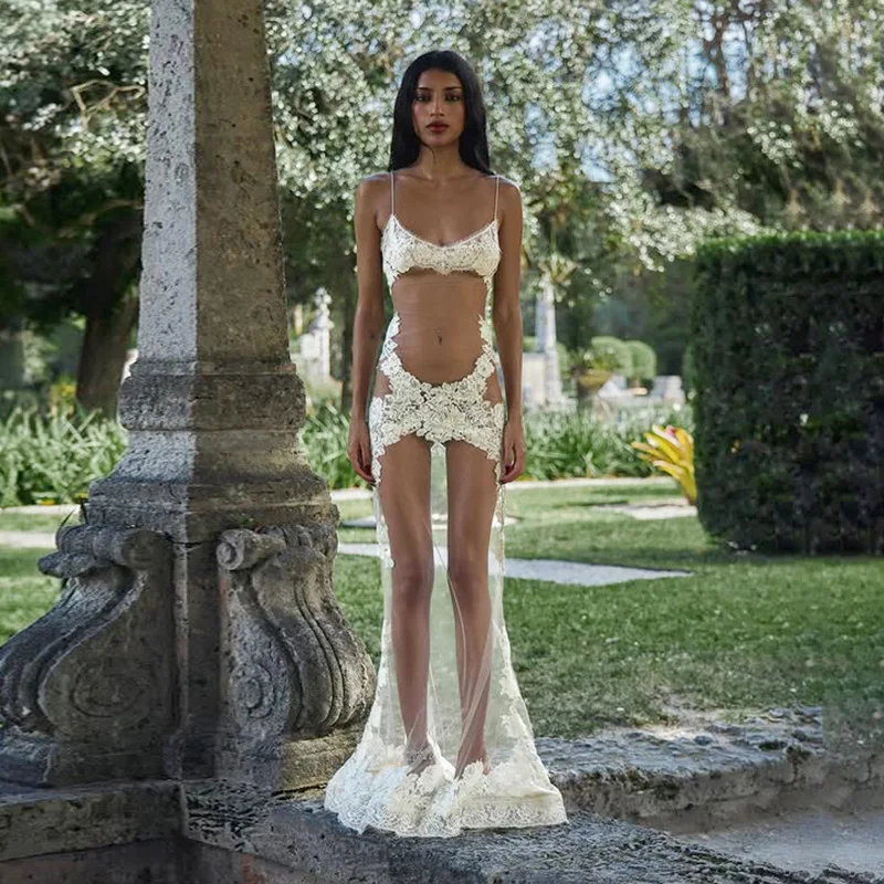 

Sexy Elegant Lace Splicing Sexy Perspective Slim Fit Mopping Floor Suspender Dress 2025