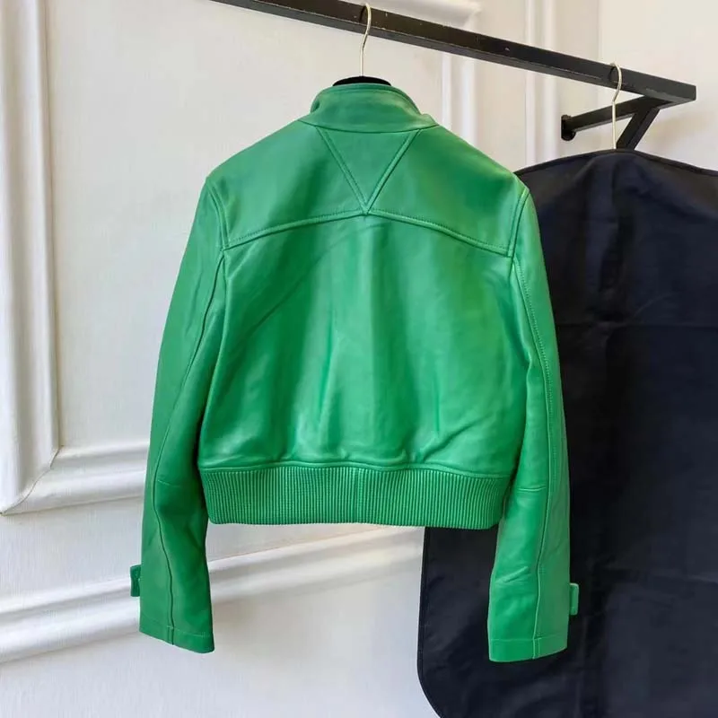 Jaqueta de couro genuíno feminina primavera e outono curto comprimento nova chegada gola o-pescoço cor verde outerwear