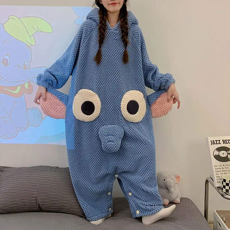 Elephant Cartoon Nose One-Piece Pajamas For Women Winter Plus Velvet Thickened Autumn And Winter Loose Wearable Hooded Blanket