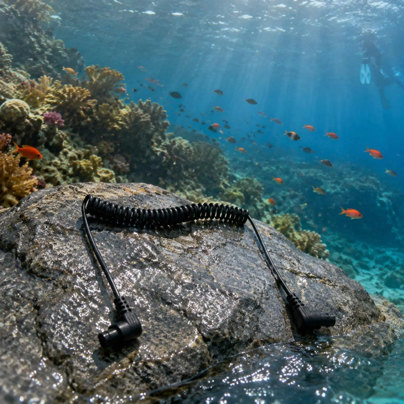 1.5 m long underwater flash cable in spiral form with fiber optic flash trigger
