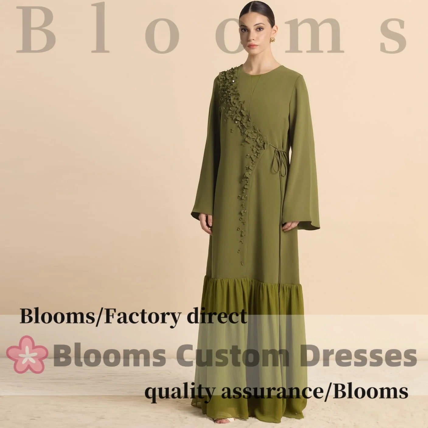 

Customized Long Sleeves Flower Beaded Olive Green Prom Dresses Loose Evening Dresses Round Neck Formal Gown