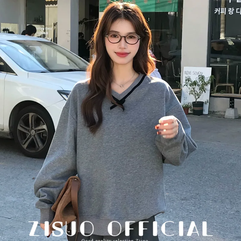 

Серая женская толстовка с v-образным вырезом и бантом, весна-осень 202, новый свободный пуловер без капюшона в корейском стиле, топ с длинными рукавами