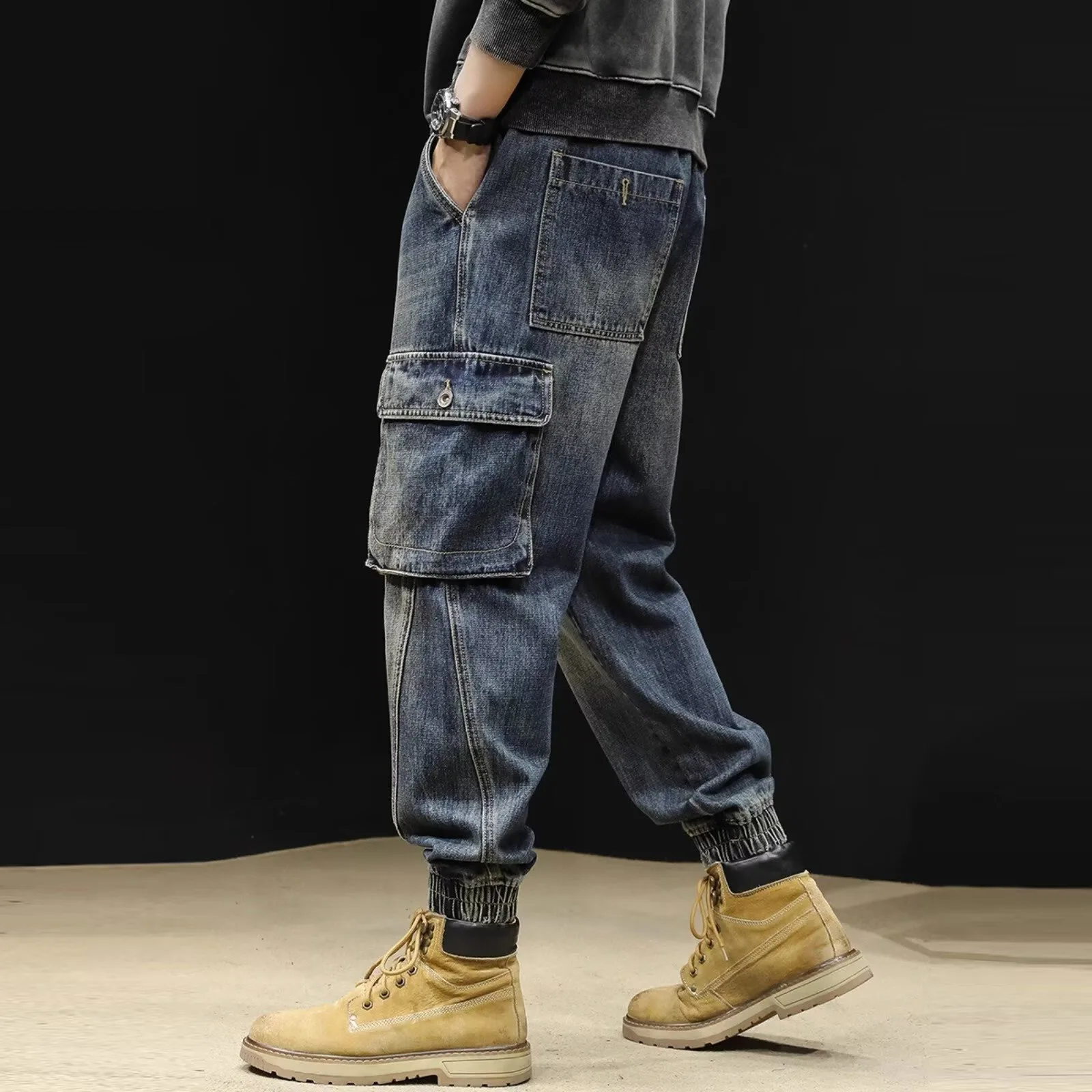 American Tooling Jeans Men's Spring Multi-Pocket Loose Straight Pants Trousers
