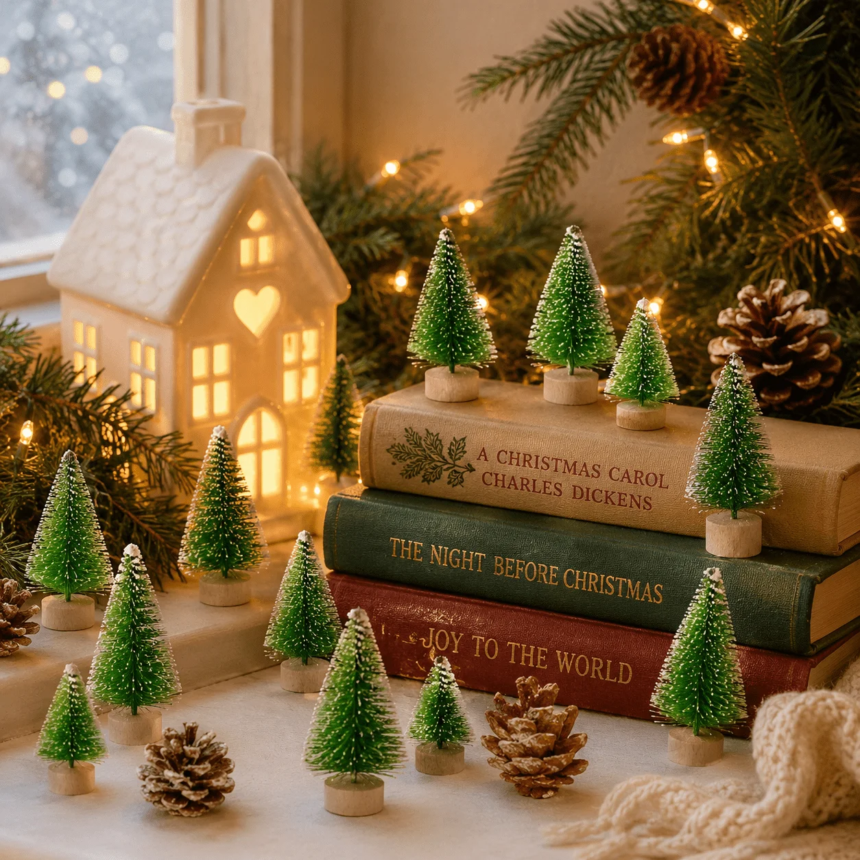 50 Stück Mini-Weihnachtsbäume, schneebedeckte Flaschenbürsten-Kiefern mit Holzsockel, DIY-Dorndekoration – Detail 6