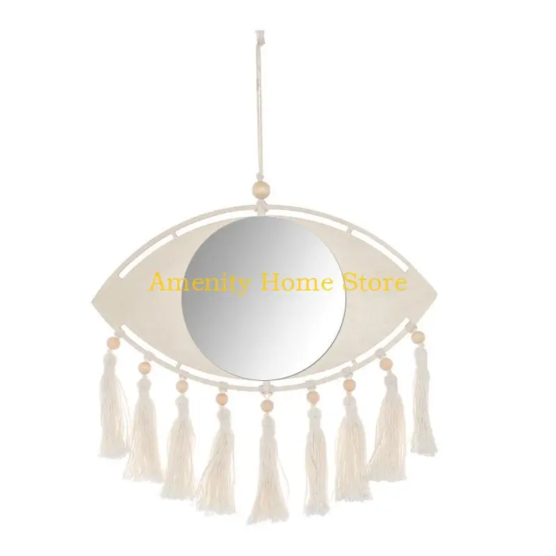 F26C Nordic Boho for Evil Eye Macrame Hanging Wall Mirror with Fringe Tassel Handwoven Cotton Rope Tapestry Decorative Mirror