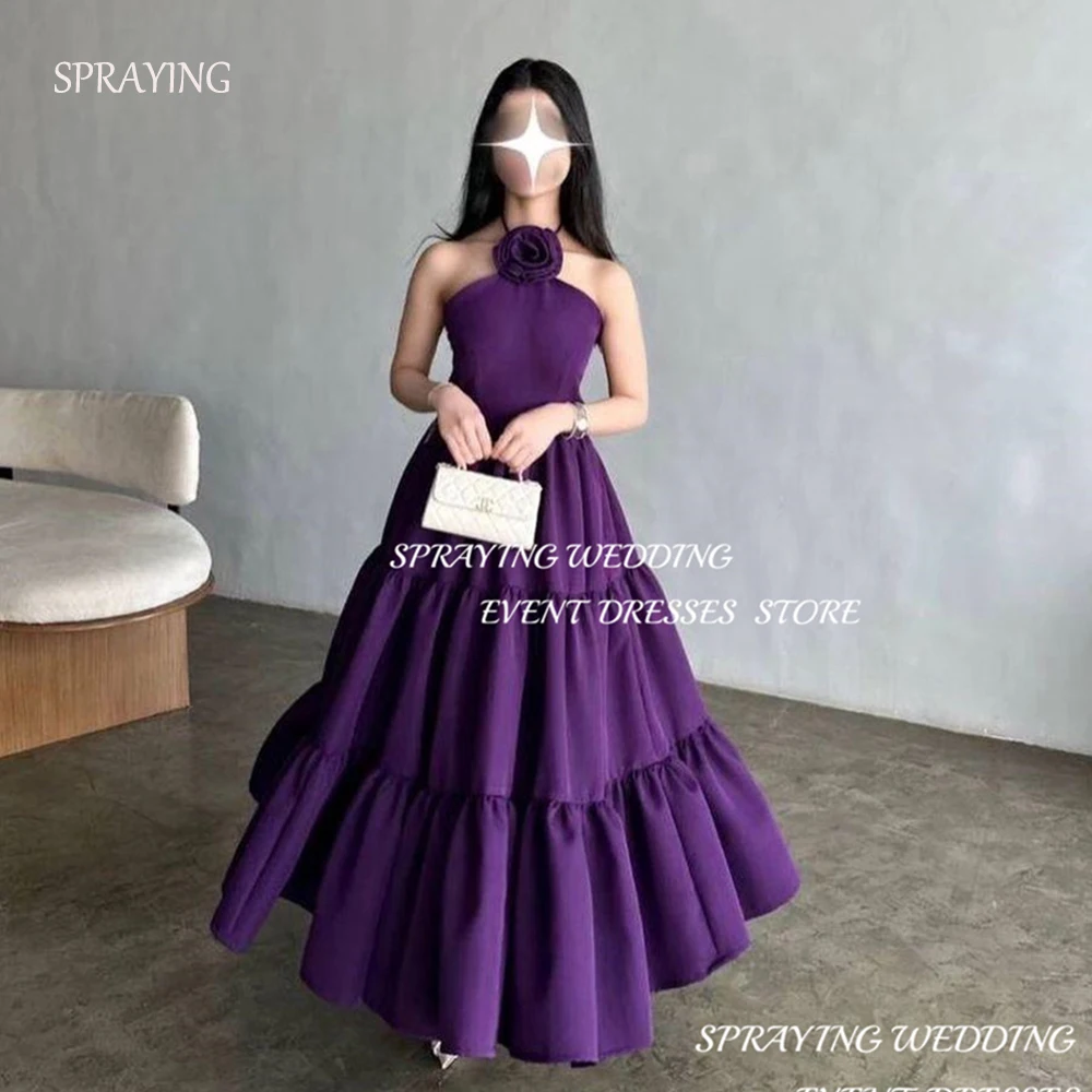 

SPRAYING Simple A-line Prom Dresses Halter 3D Pleat Flower Birthday Party Dresses Sleeveless Elegant فساتين حفلة موسيقية