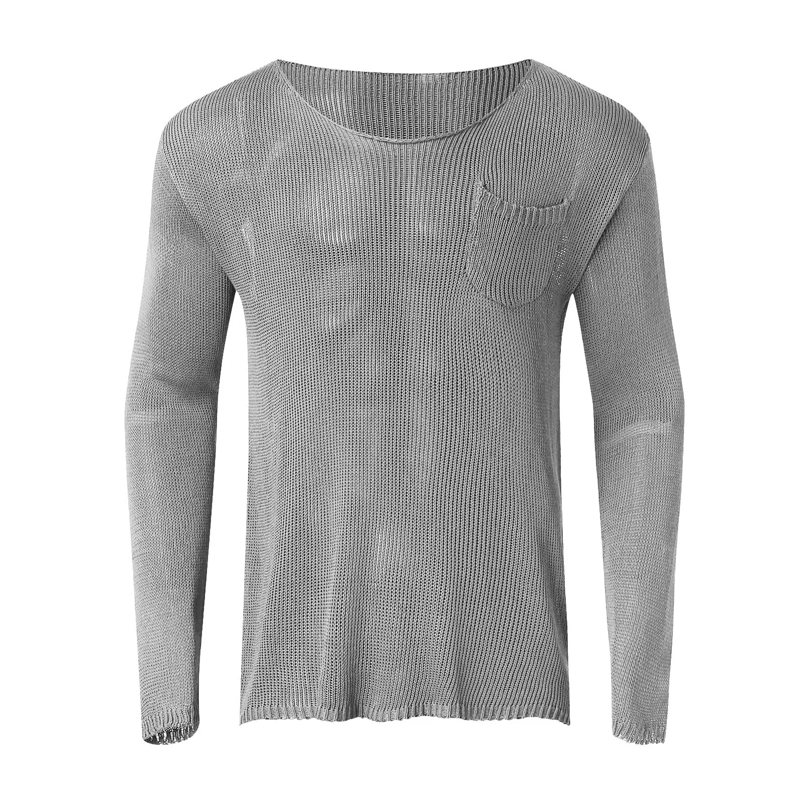 Long T-Shirt Knitwear Solid Mens Color Shirts Sleeve Pockets Sweater Solid Knitted Mesh Knit Color Oversized Slim Tops T Shirts