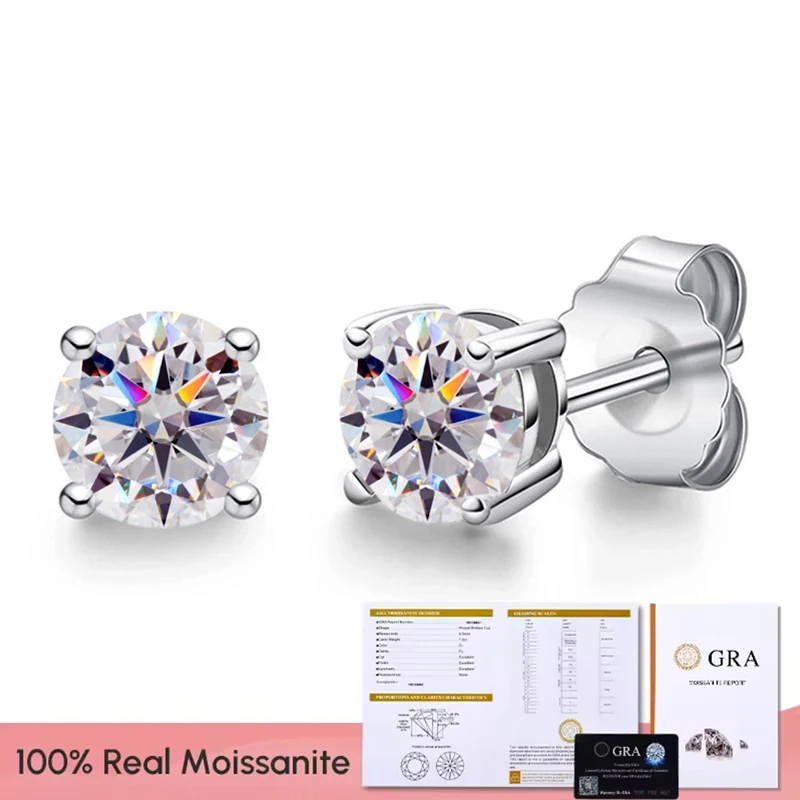 Women's Moissanite Diamond Stud Earrings, Platinum Plated Gift