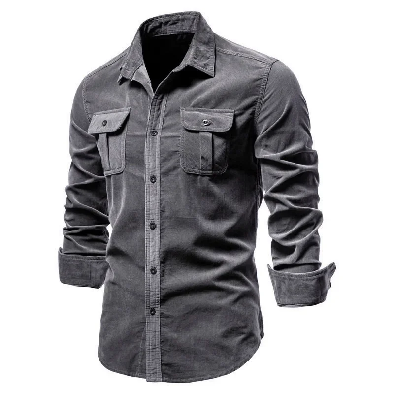 Camisa de pana de un solo pecho para hombre, Camisa ajustada de 2023 algodón, informal de negocios, a la moda, de Color sólido, para otoño, novedad de 100%