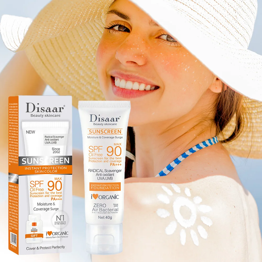 SPF90 PA+++ Oil Free Sunscreen Foundation 40g, Antioxidant UVA/UVB Protection, Organic Moisture Coverage Surge for Face
